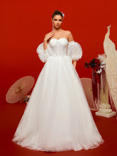 Graceful Elegant Women Off Shoulder Baroque Lantern Sleeve Corset Maxi Wedding Dresses For Brides